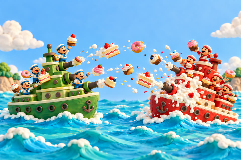 緑の船と赤い船の船員たちがケーキを撃ち合う、粘土でできた海戦の絵